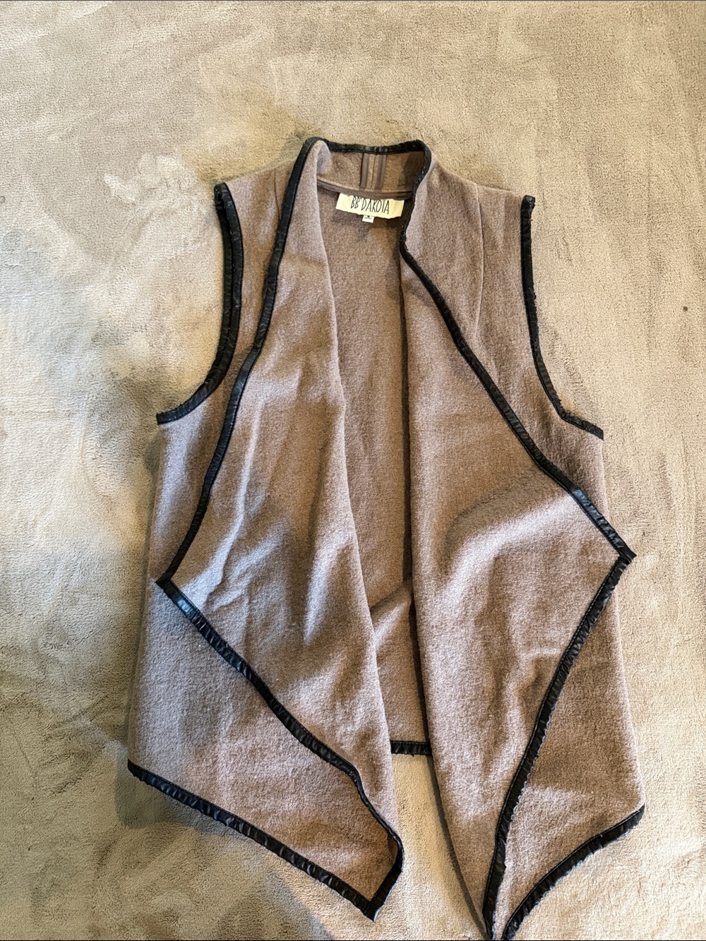 BB Dakota Taupe Draped Open Vest with Black Trim
